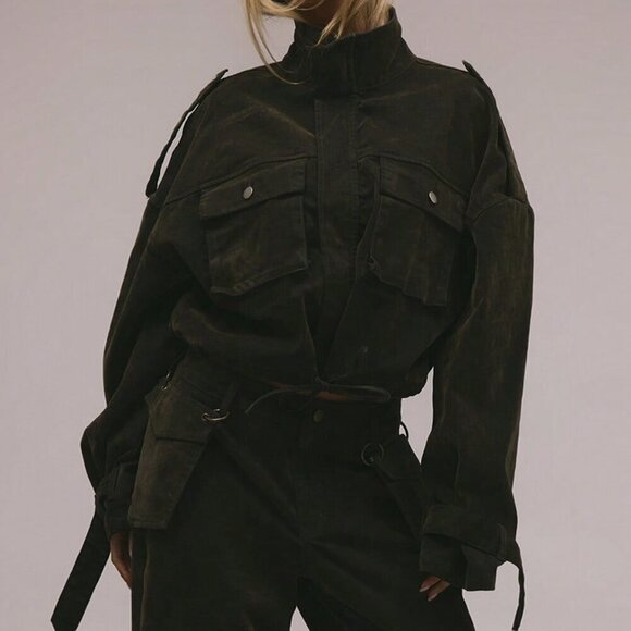 Army Green Casual Women's Velvet Denim Drawstring Cargo Jacket - Picture 7 of 9